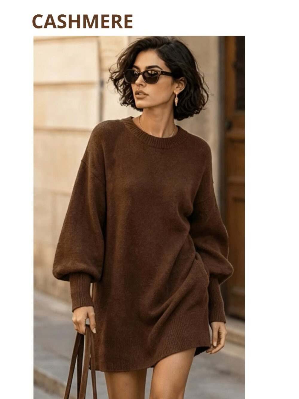 New, NWOT, Brown Cashmere Crew Neck Sweater Dress 14